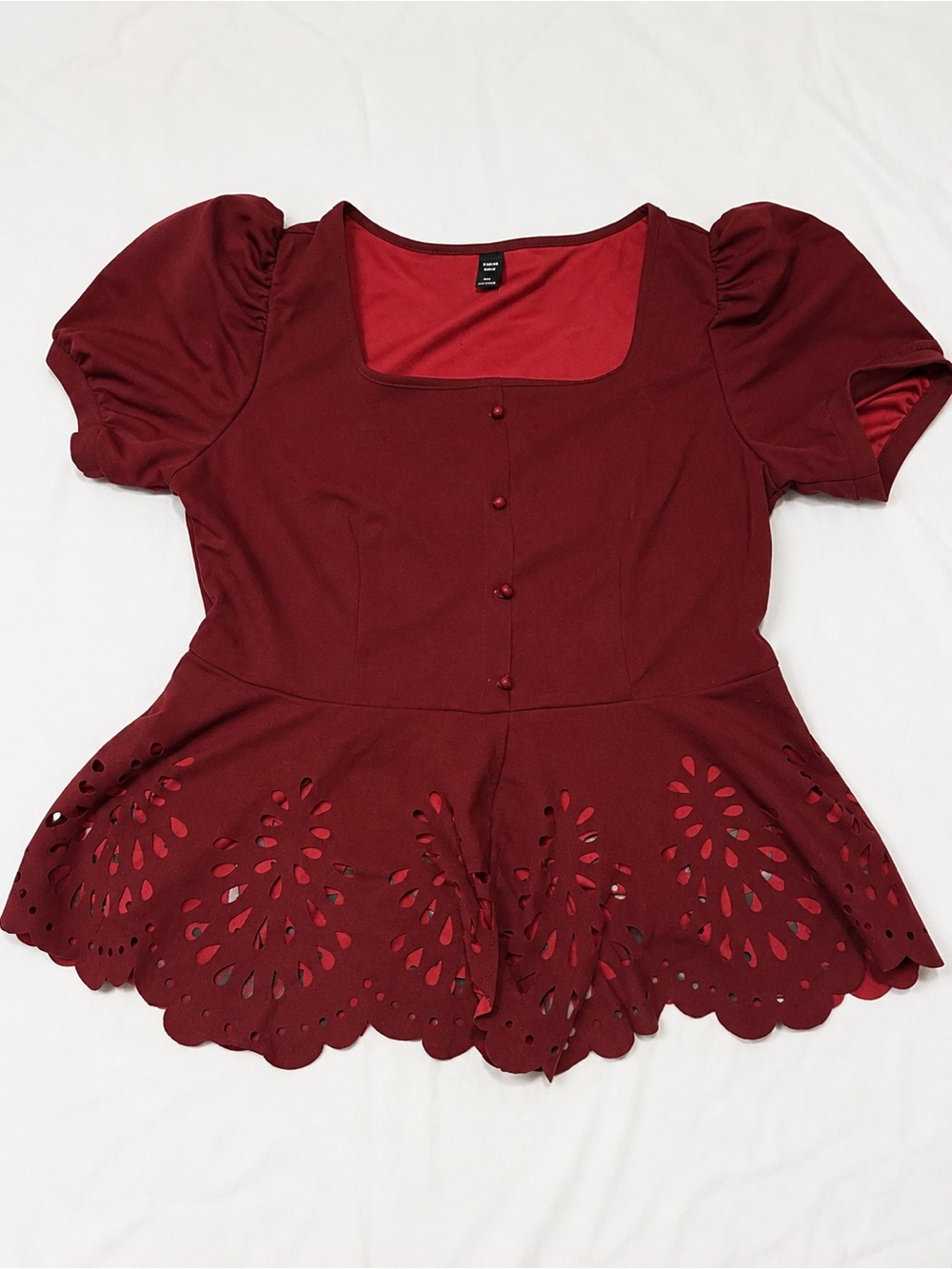 SHEIN Curve Burgundy Puff Sleeve Peplum Blouse Laser Cut Hem Women’s 0XL
